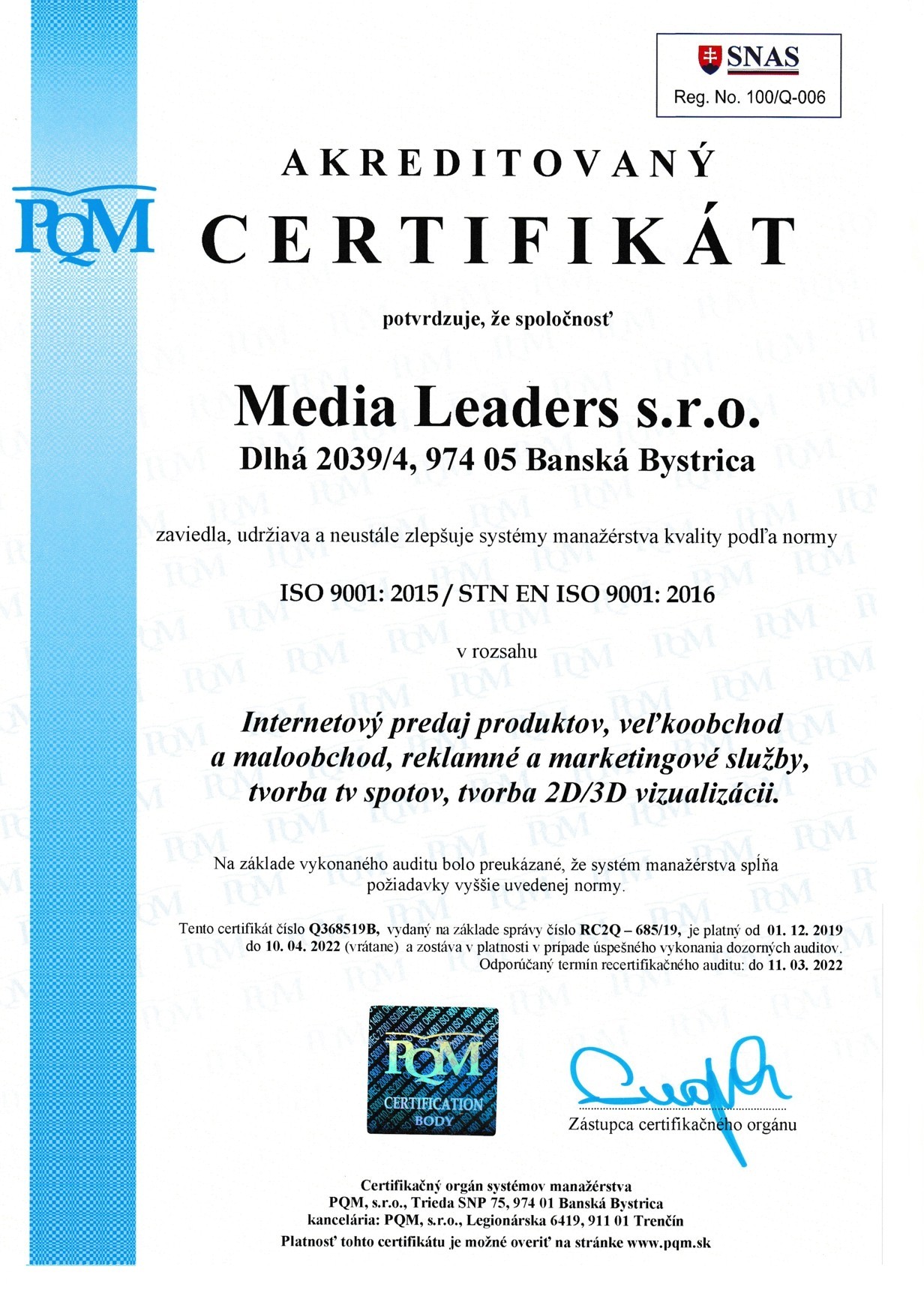 iso 9001 sertifikāts media leaders sro