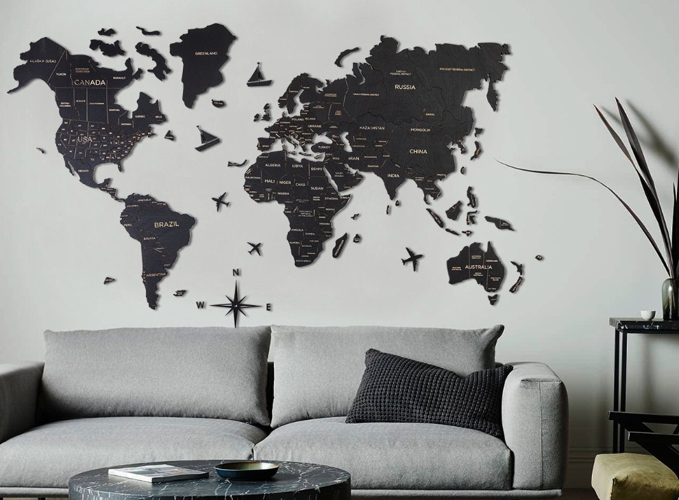 pasaules ceļojumu karte uz sienas melna krāsa
