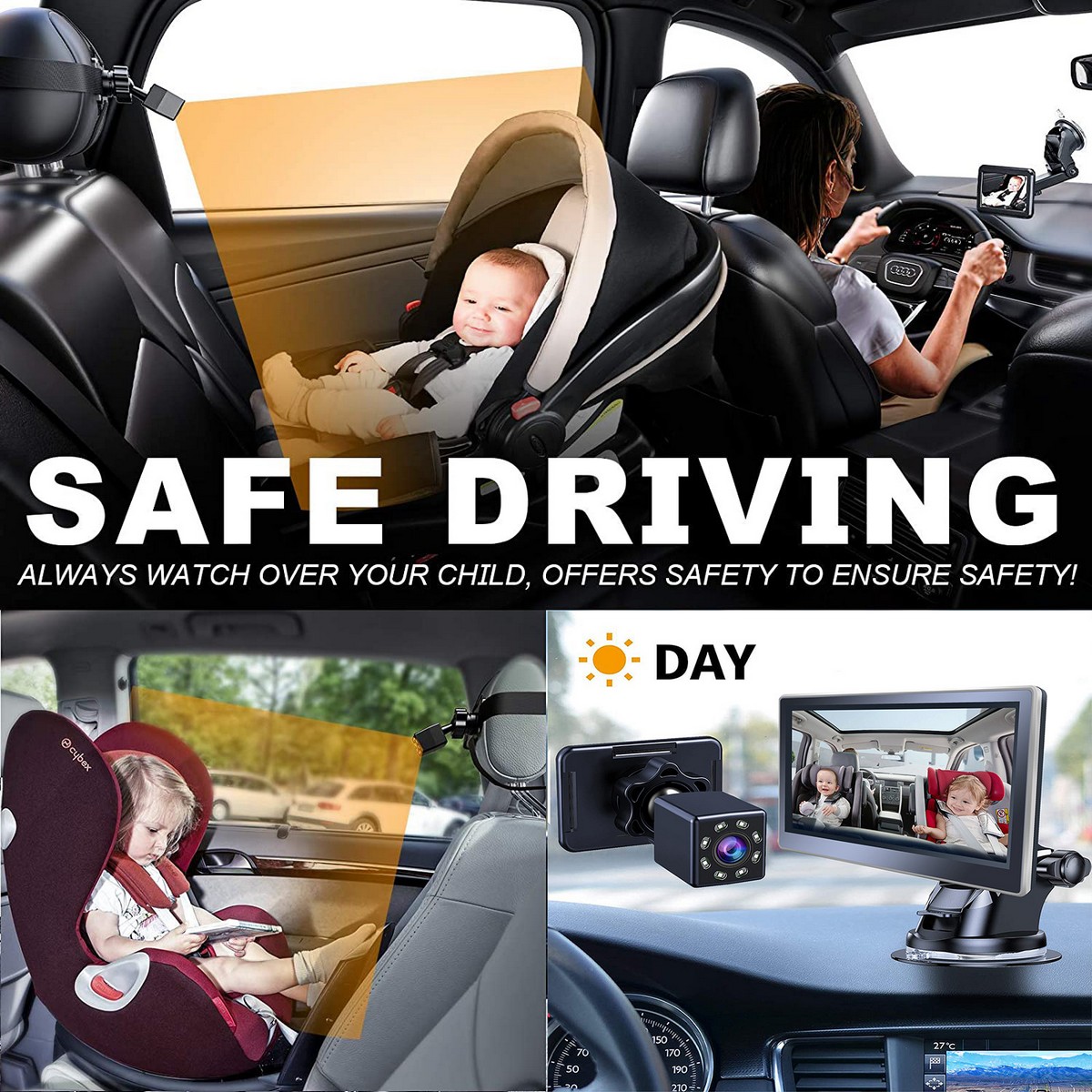 bērnu novērošana automašīnā IR kameras komplekts ar monitoru