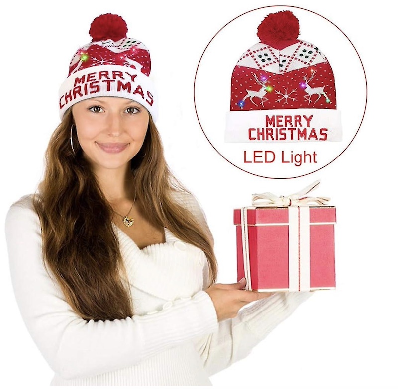 Ziemas cepure ar pom-pom kvēlojošiem Ziemassvētkiem ar LED spuldzēm - PRIECĪGU ZIEMASSVĒTKU