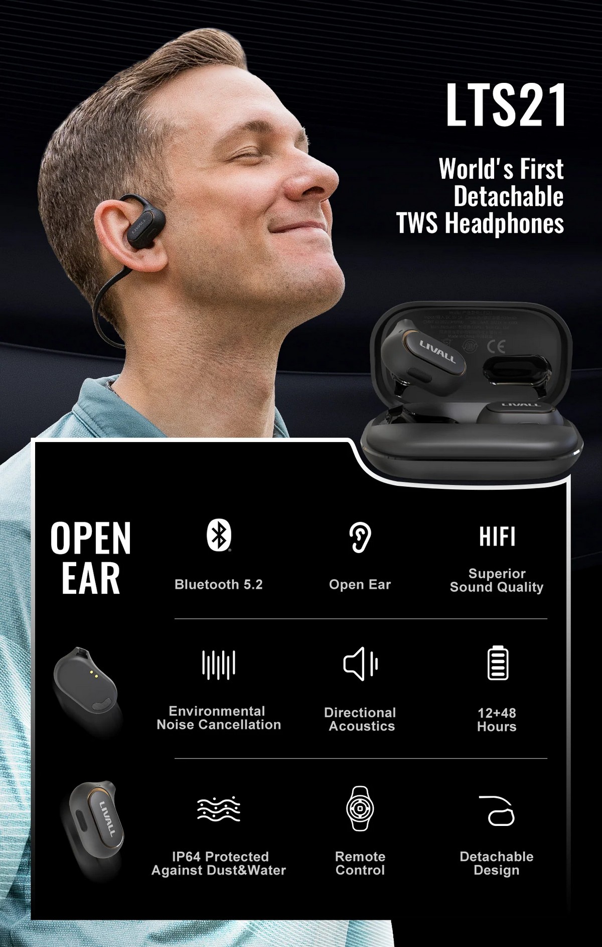 Sporta bezvadu austiņas ar Bluetooth - noņemams atvērta auss dizains