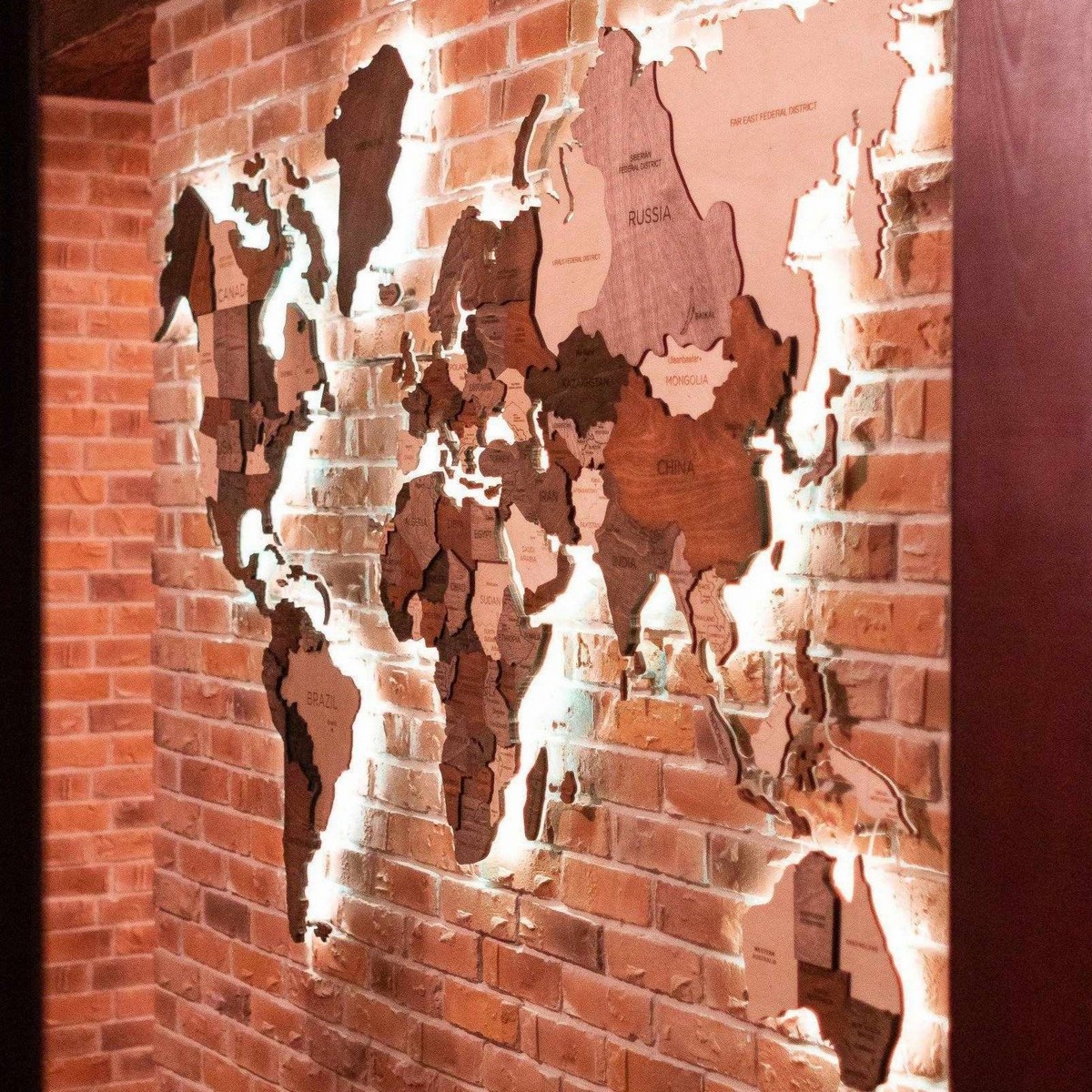 koka pasaules kartes sienas māksla ar LED gaismu