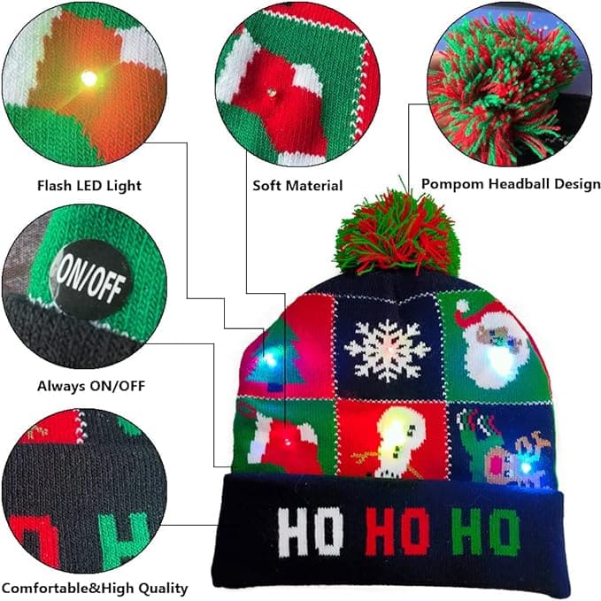 ziemas cepures Ziemassvētkiem ar pom-pom un kvēlojošām gaismas diodēm
