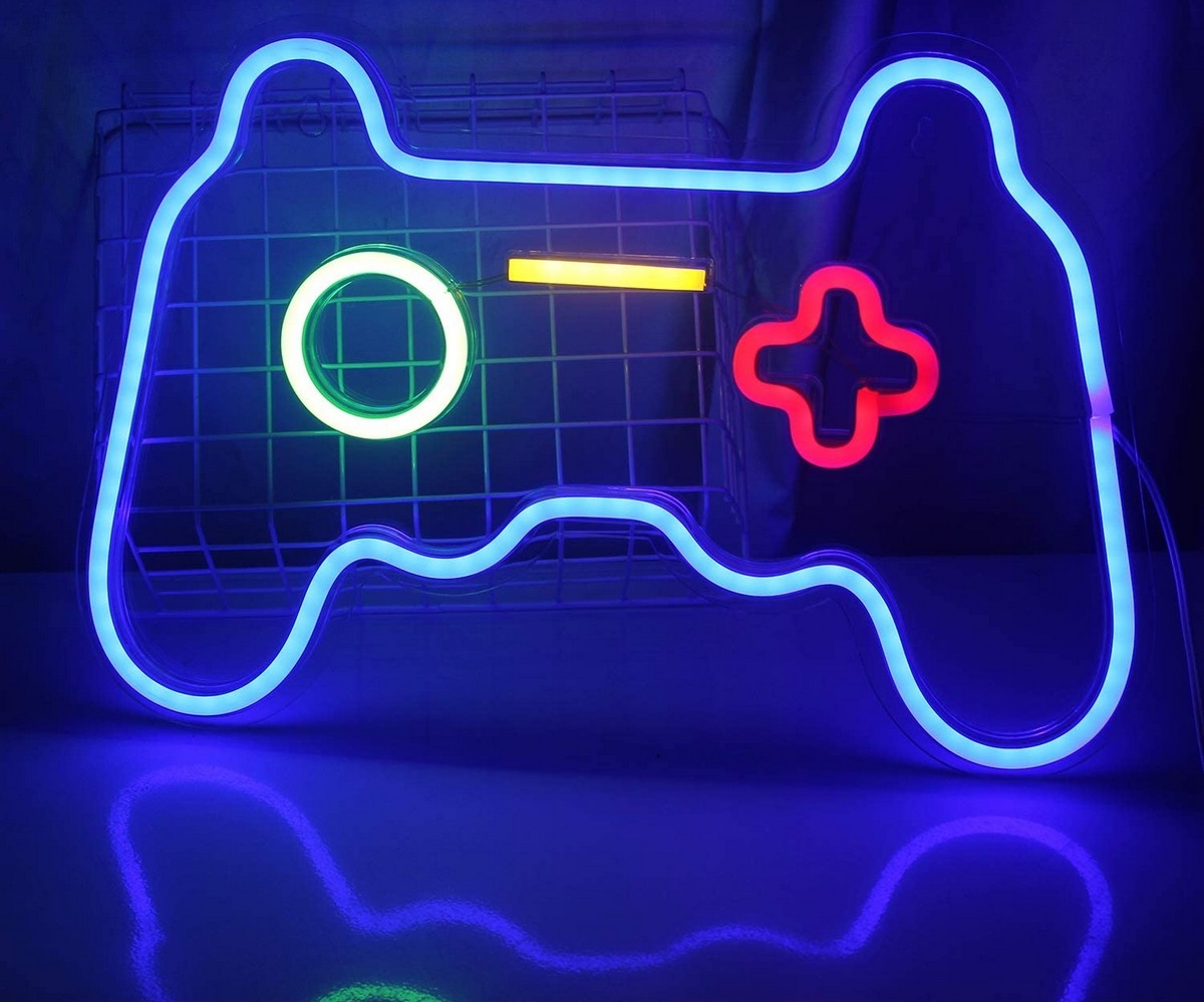 neona LED logotips uz sienas apgaismojuma - spēļu pults