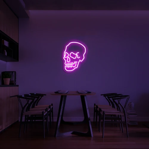 3D kvēlojošs neona logotips uz galvaskausa sienas