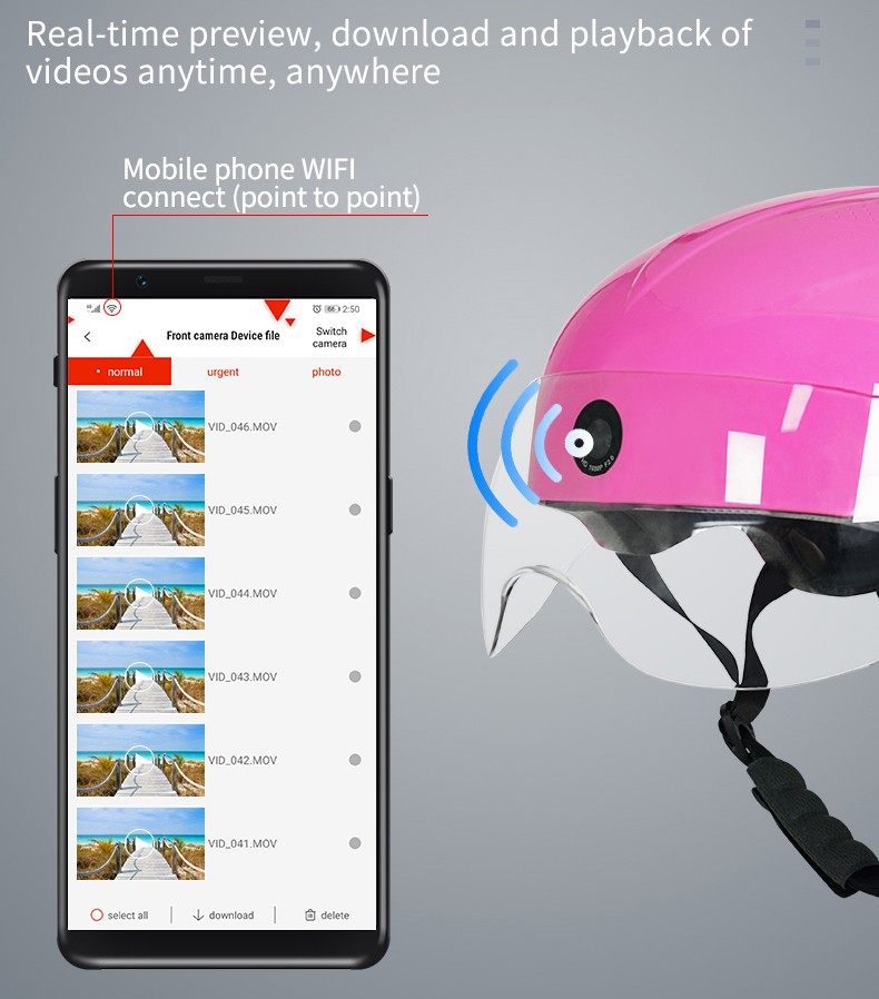motocikla ķiveres kameras wifi savienojums, izmantojot lietotnes viedtālruni