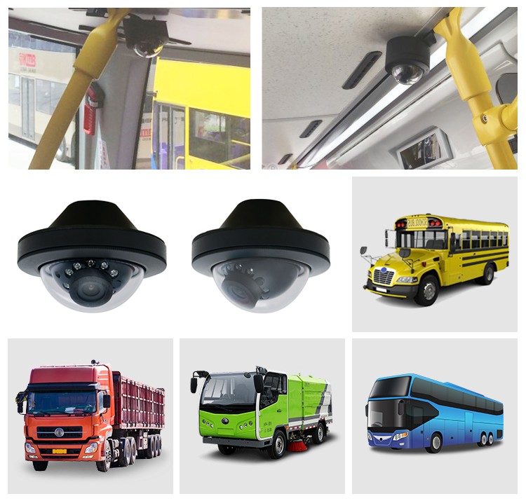 mini kupola kamera autobusiem, trolejbusiem, tramvajiem, furgoniem, mikroautobusiem, treileriem, puspiekabēm, piekabēm, kravas automašīnām