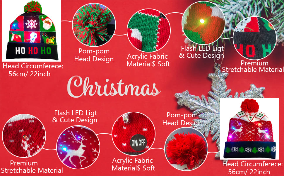 Cepures Ziemassvētkiem, pupiņas ziemai, dažādi dizaini iedegas ar LED