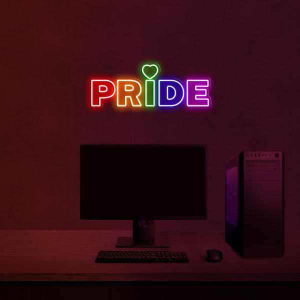 3D neona LED zīme uz daudzkrāsainas sienas - PRIDE